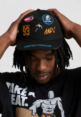 Casquette de golf unisexe à 5 panneaux « Respect The Game » avec badges multiples - Noir