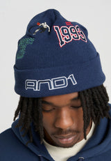 Unisex Retro Logo Multi Badge Beanie Hat - Navy