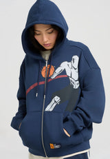 Womens Ribbed Panel On Court Zip Through Hoodie - Navy