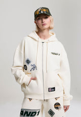 Sweat à capuche zippé Respect The Game avec multiples badges pour femmes - Écru