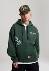 Sweat à capuche à fermeture éclair pour femmes Respect The Game avec multiples badges - Vert forêt