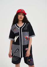 Womens Patchwork Baseball Jersey Top - Black